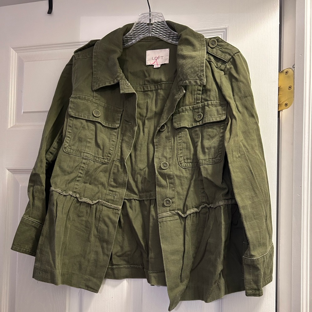 LOFT Long Sleeve Army Green Peplum Button Front Cargo Jacket XS